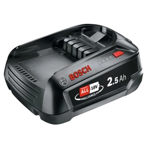 Schwarzer Bosch Ersatzakku 18V 2,5 Ah für Elektrowerkzeuge mit POWER FOR ALL ALLIANCE Logo und Ladeanzeige.