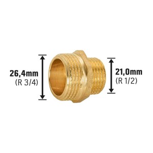 Gewinde-Reduzierstück aus Messing, 21 mm (R 1/2) x 26,4 mm (R 3/4) für Heizung und Trinkwasser.