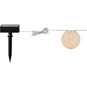 Solar-Lichterkette Fiuggi mit weißen Lampions und Solarpanel mit Erdspieß.