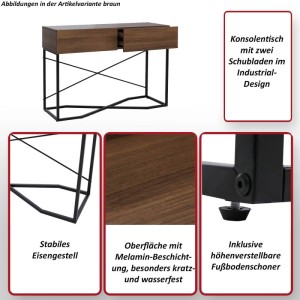 Konsolentisch im Industrial Design mit zwei Schubladen und Eisengestell in braun.
