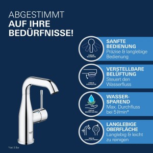 Grohe Essence Waschtischarmatur M-Size in Chrom, mit Hinweisen zu Bedienung, Belüftung, Wassersparen und Oberfläche.