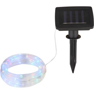 Globo Solar LED-Lichterkette, 50 LEDs, 490 cm, schwarz, mit Solarpanel und Erdspieß.