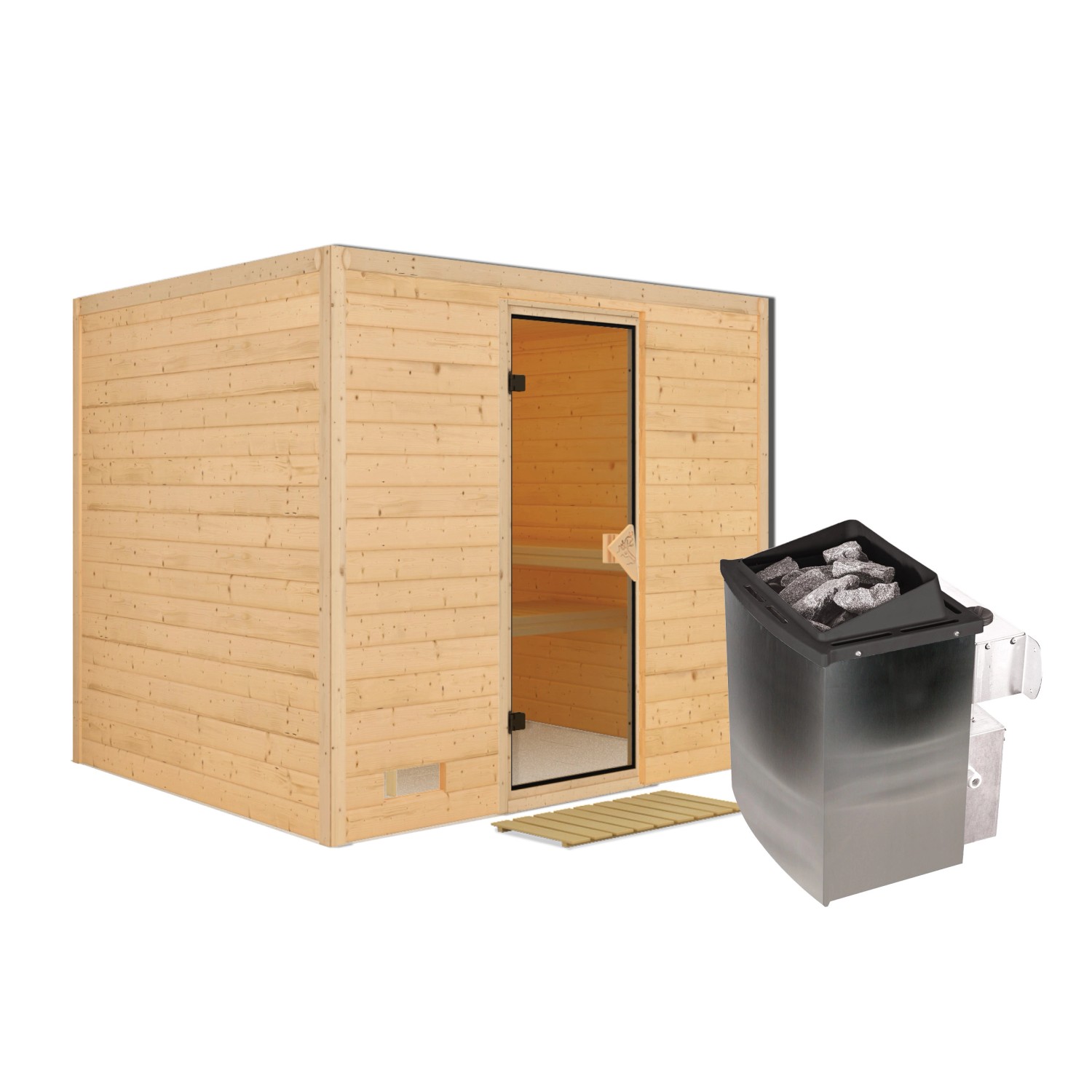 Karibu Sauna Sarina aus Fichte mit Edelstahlofen und integrierter Steuerung.