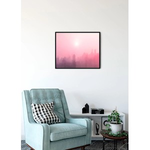 Komar Wandbild City Dusk, 40x30 cm, mit rosa Skyline im Rahmen.