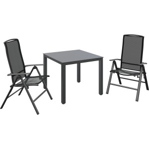 3-teilige Sitzgruppe Vigo Harris, Aluminium Grau-Schwarz, bestehend aus Tisch und zwei Stühlen.