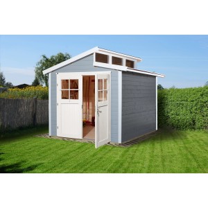 Graues Weka Holz-Gartenhaus mit Pultdach und geöffneter Doppeltür auf Rasen.