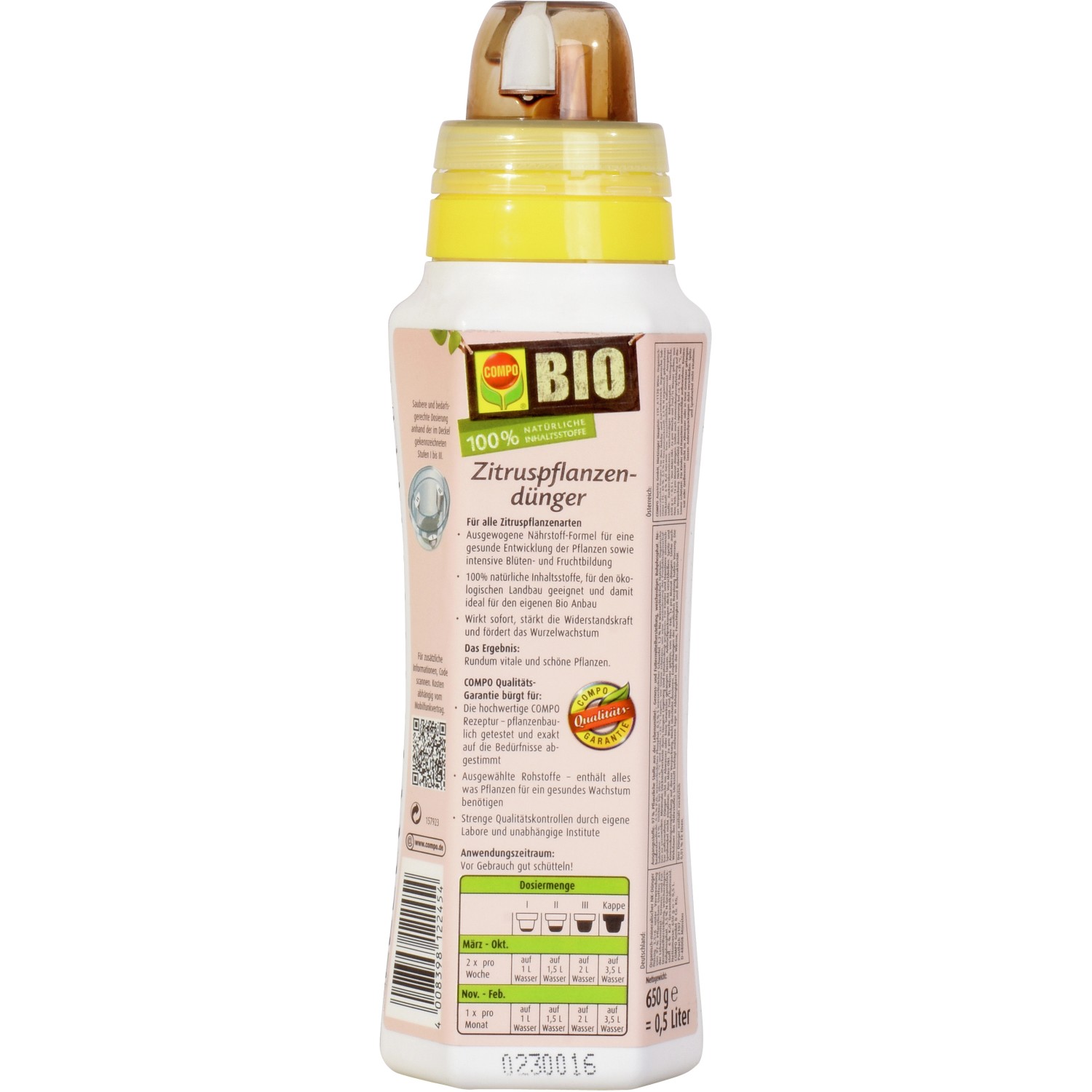 Flasche Compo Bio Zitruspflanzendünger 500ml für gesunde Pflanzen.