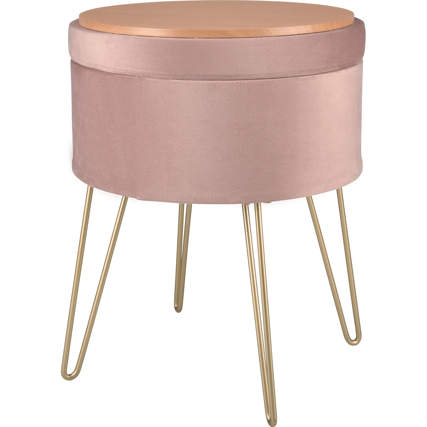 Rosa Sitzhocker Blush Bordeaux mit Stauraum, Samtbezug und goldenem Metallgestell.