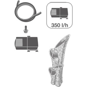 Bestandteile Acqua Arte Montreux Gartenbrunnen: Pumpe, Schlauch und Trompeten-Brunnen.