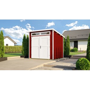 Lasiertes Weka Holz-Gartenhaus 264 mit Pultdach, rote Wände, weiße Tür und Fenster.