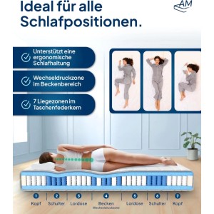 AM Qualitätsmatratze 7-Zonen Taschenfederkern 90x200 cm, Härtegrad H4, Liegezonen und Körperunterstützung.
