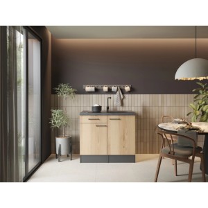 Respekta Oliver Kleinküche 100 cm mit Einbauspüle, Fronten Artisan Eiche, Arbeitsplatte Granit Optik in moderner Umgebung.