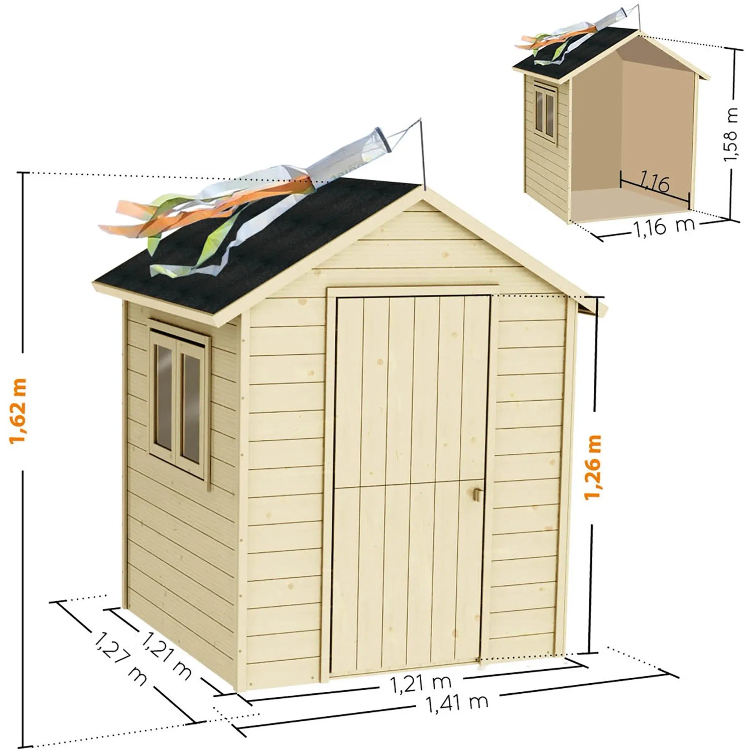 Soulet Kinderspielhaus Garance aus unbehandeltem Holz mit Windsack und Maßangaben.