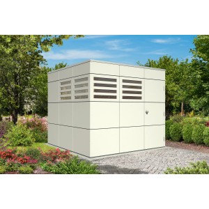 Skan Holz Gartenhaus Melbourne 3, telegraues Holzhaus mit Flachdach und Lüftungsgittern.