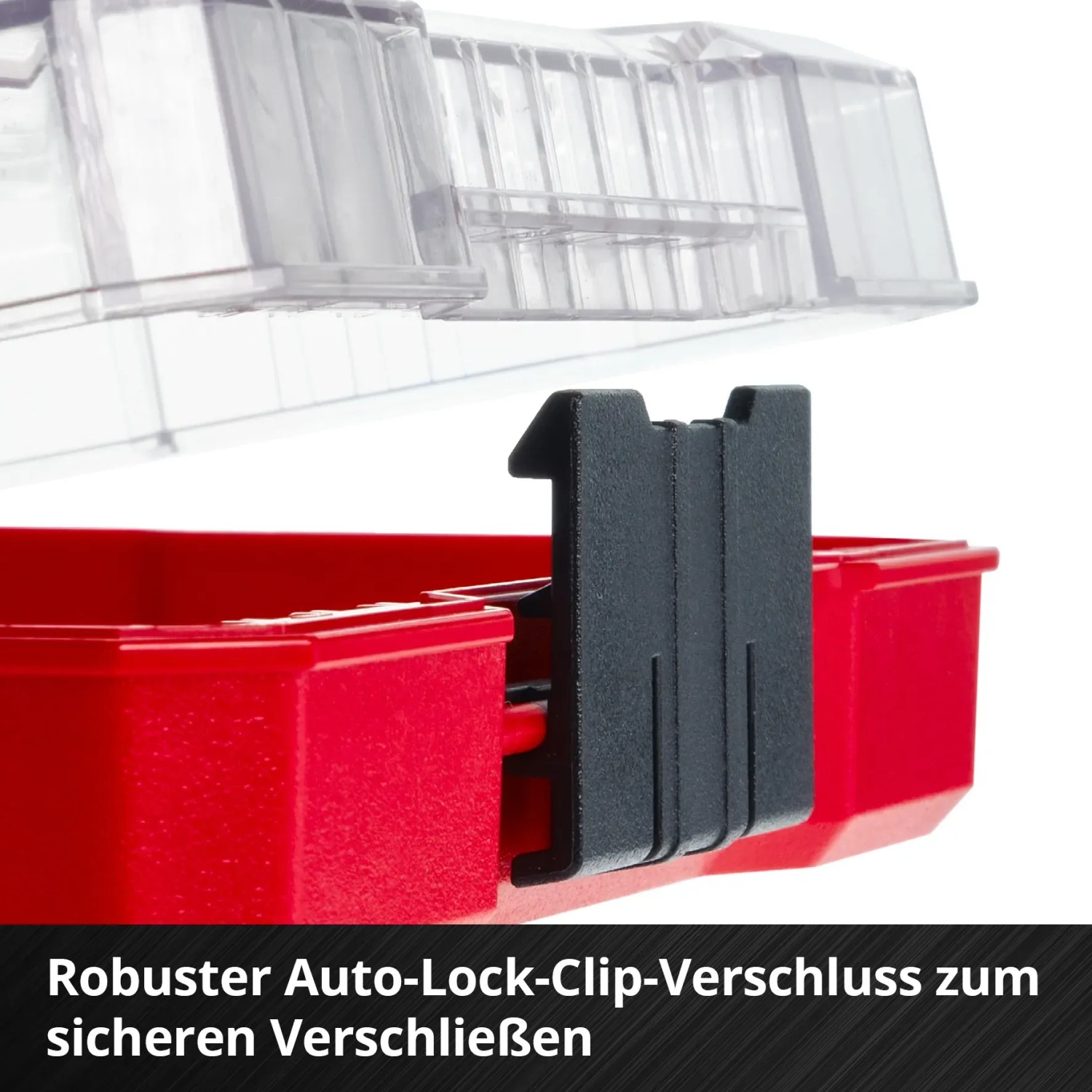 Detailaufnahme: Rote Einhell Bit-Set Box mit Auto-Lock-Clip Verschluss.