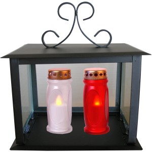 Schwarzes Lienbacher Grab-Kerzenhaus mit zwei Kerzen, wetterfest und verziert.