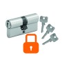 Sicherheitshaustür: Profilzylinder mit 3 Schlüsseln und orangefarbenem Schloss-Symbol.