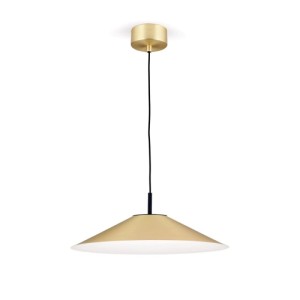 Goldene LED-Hängeleuchte Gourmet mit Ø 35 cm messingmattem Schirm und schwarzem Textilkabel.