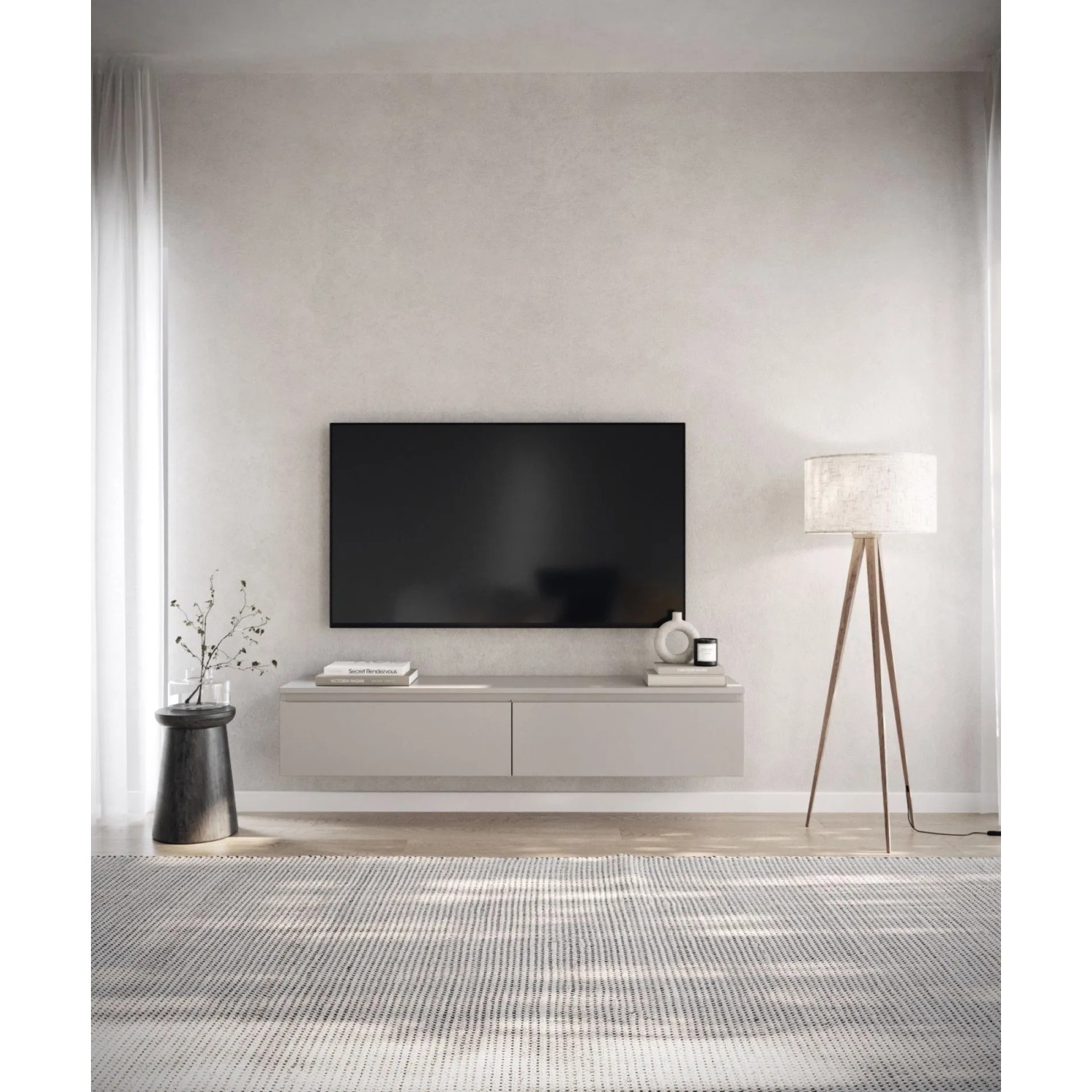 Selsey TV-Hängeboard Bemmi 150 cm in Kaschmirgrau, schwebend unter TV. Modernes Lowboard mit zwei Fächern für Stauraum.