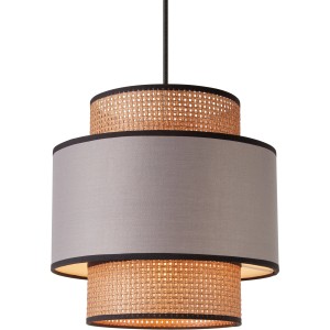 Pendelleuchte in Schwarz, Braun und Grau mit Rattan- und Stoffschirm für Wohnräume.