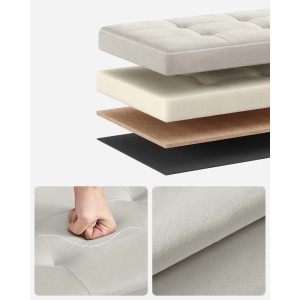 Detailaufnahme Songmics Sitzhocker Minota, weiße Samtpolsterung, Schaumstoff und Materialschichten.