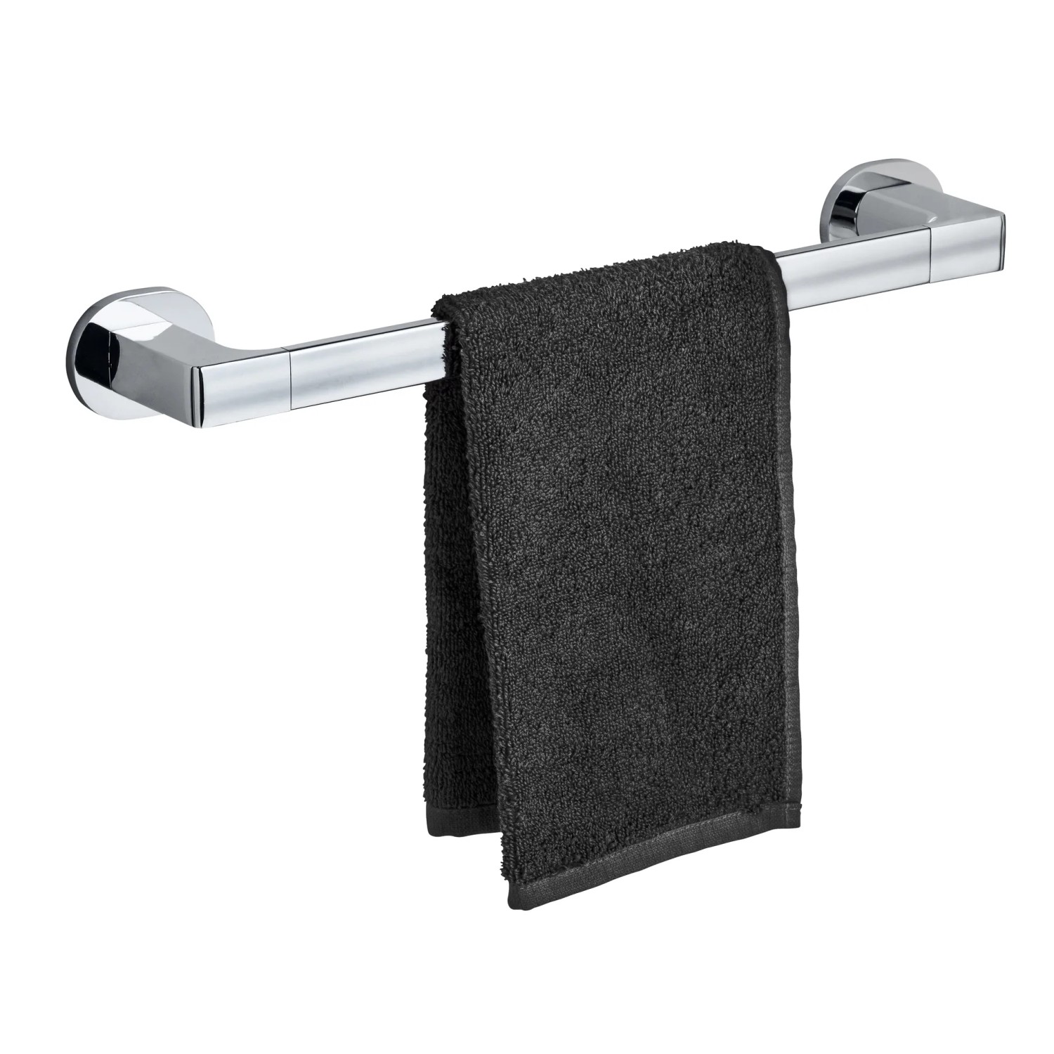 Wenko Badetuchstange Uno Maribor, 40 cm, silber glänzend mit schwarzem Handtuch.