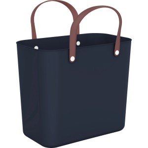 Rotho Multibag Style Albula, dunkelblaue Aufbewahrungsbox mit braunen Griffen, 25 Liter.