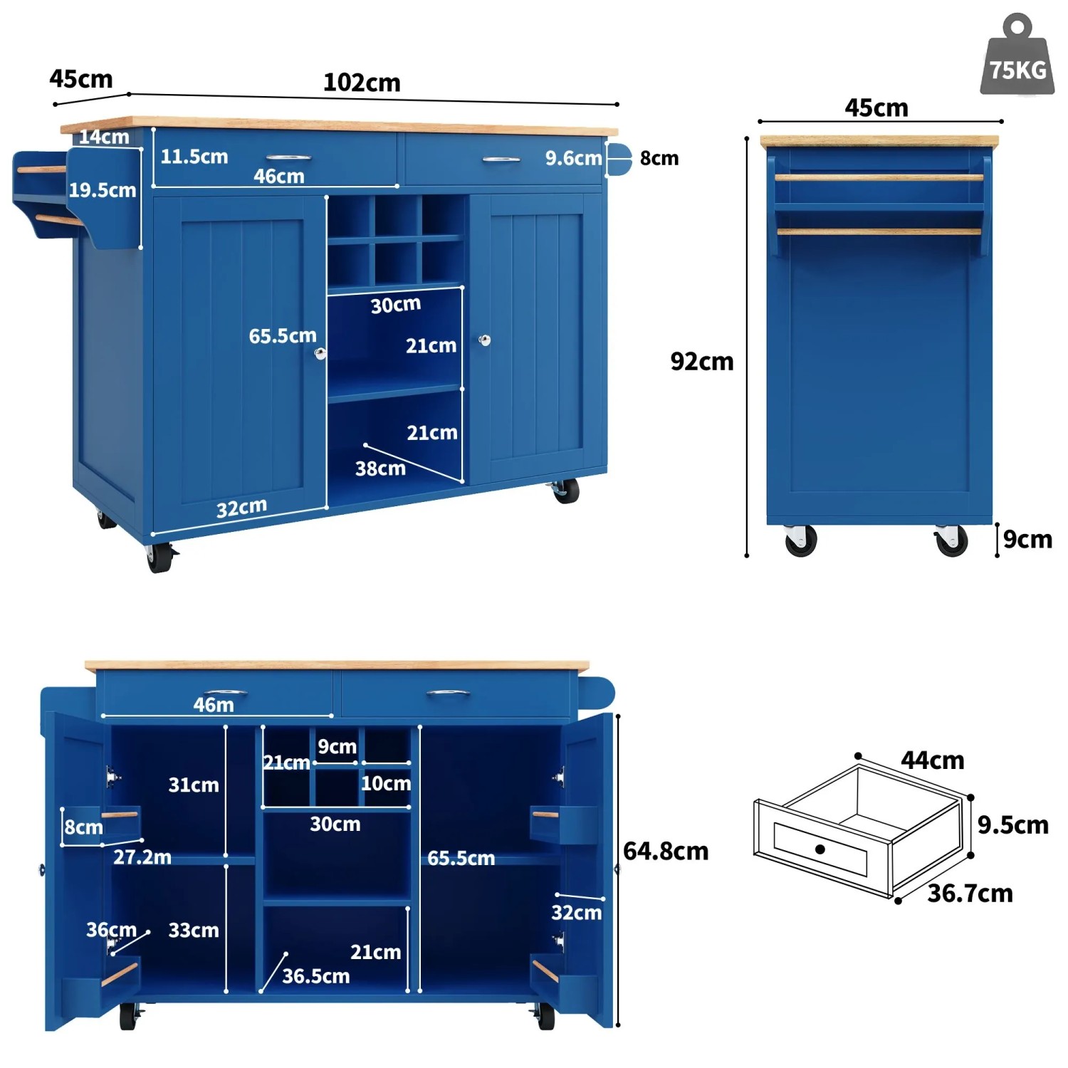 okwish Kücheninsel mit Speicherraum Multifunktion Küche 102x45x92cm Blau_5