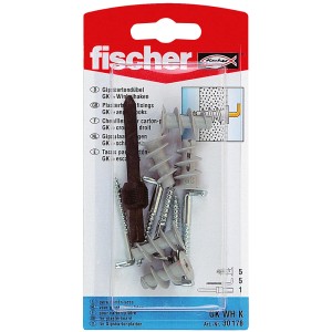 Fischer Gipskartondübel GK WH K Set mit Dübeln, Schrauben und Winkelhaken für Gipskartonplatten.