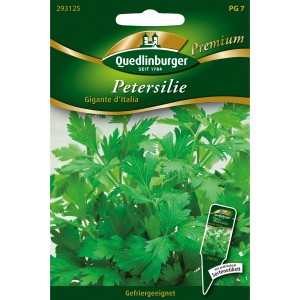 Verpackung Quedlinburger Petersilie Gigante D'Italia Saatgut mit Abbildung der Pflanze.
