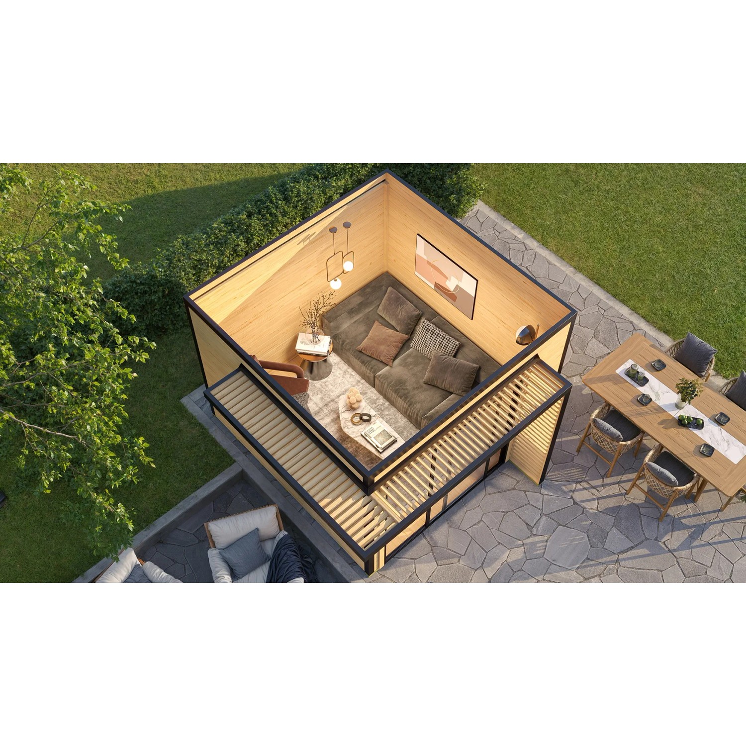 Weka Gartenhaus Amberley mit Doppelschiebetür, grau-weiß, 300x300 cm, eingerichtet als Wohnraum.