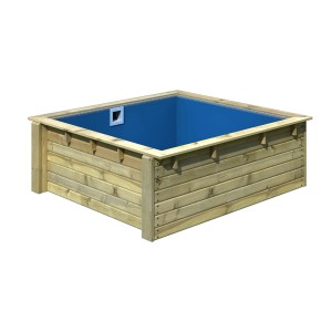 Quadratischer Karibu Holzpool aus kesseldruckimprägniertem Holz mit blauer Innenfolie.