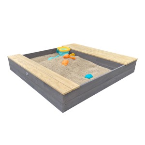Axi Sandkasten Evy grau-braun mit Spielzeug, Becken und Stauraum. Ideal für Kinder zum Spielen im Garten.