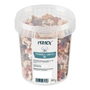 Primox Trainingssnack Mix 500g im transparenten Behälter. Hunde-Natursnacks in Knochen- und Sternform.