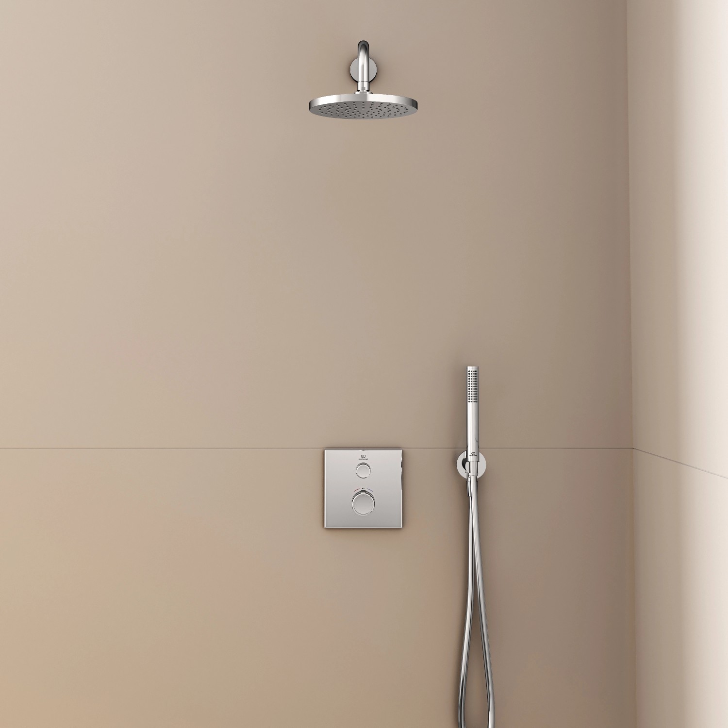 Ideal Standard Brausehalter Idealrain Atelier, rund, Chrom, mit Handbrause und Kopfbrause.