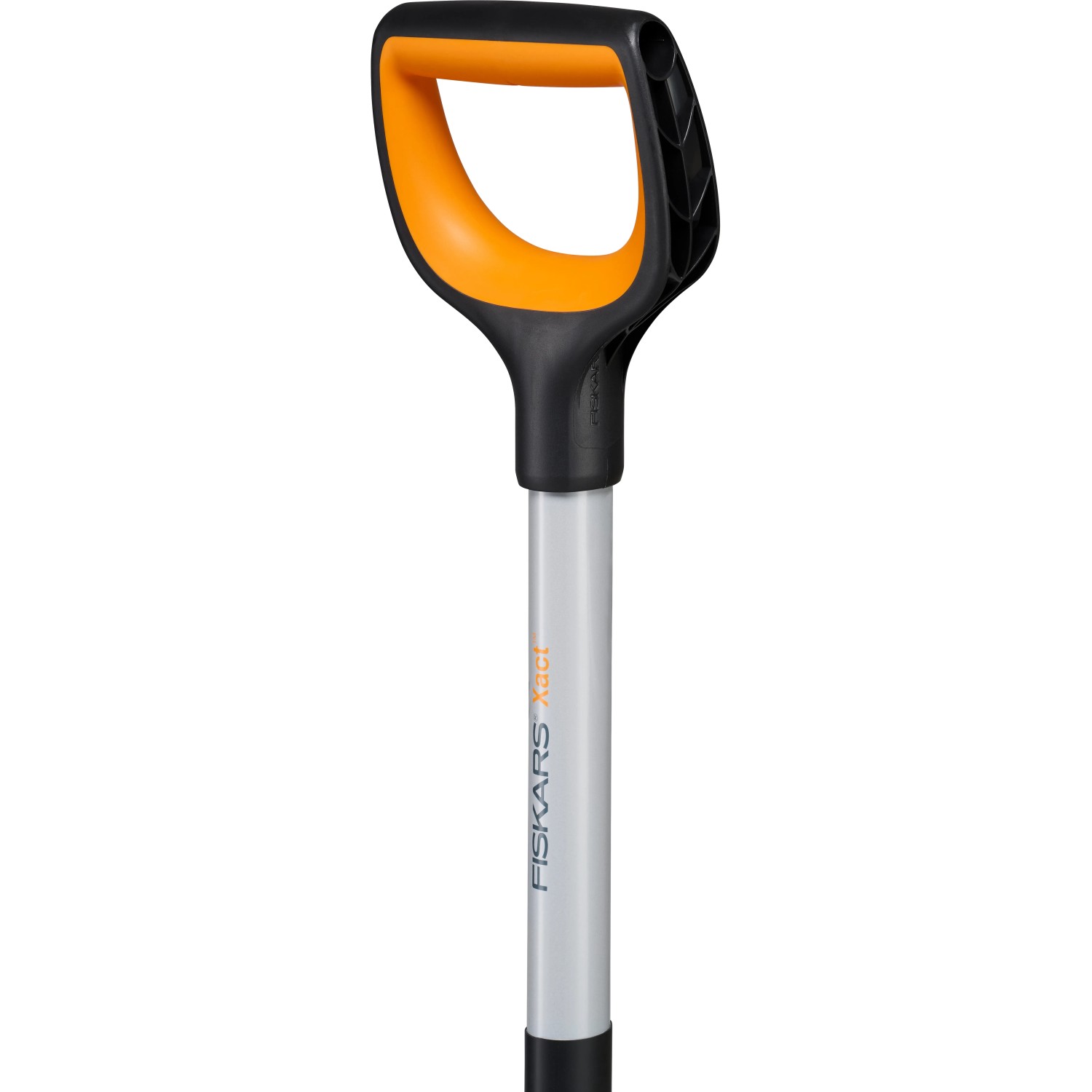 Detailaufnahme: Fiskars Gärtnerspaten Xact mit D-Griff in Orange/Schwarz. Ideal für Gartenarbeit.