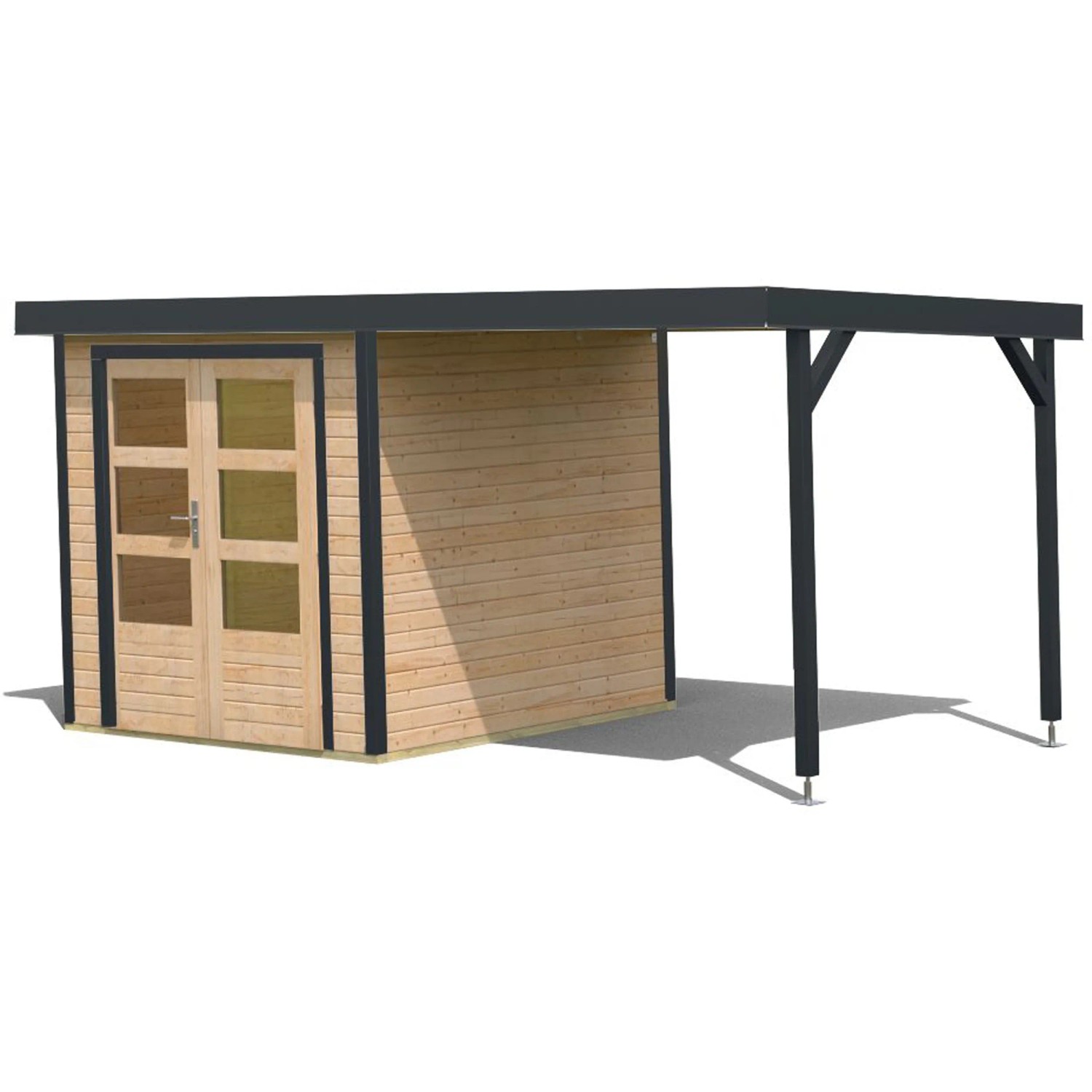 Karibu Gartenhaus Set Ernesto A mit Anbaudach, naturbelassen/anthrazit, 4,45 m².
