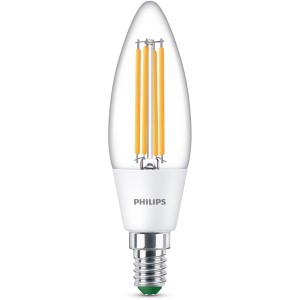 Philips LED-Lampe E14 in Kerzenform, 5,2W, 485lm, 12,5x3,5cm. Klares Glas mit Filament.