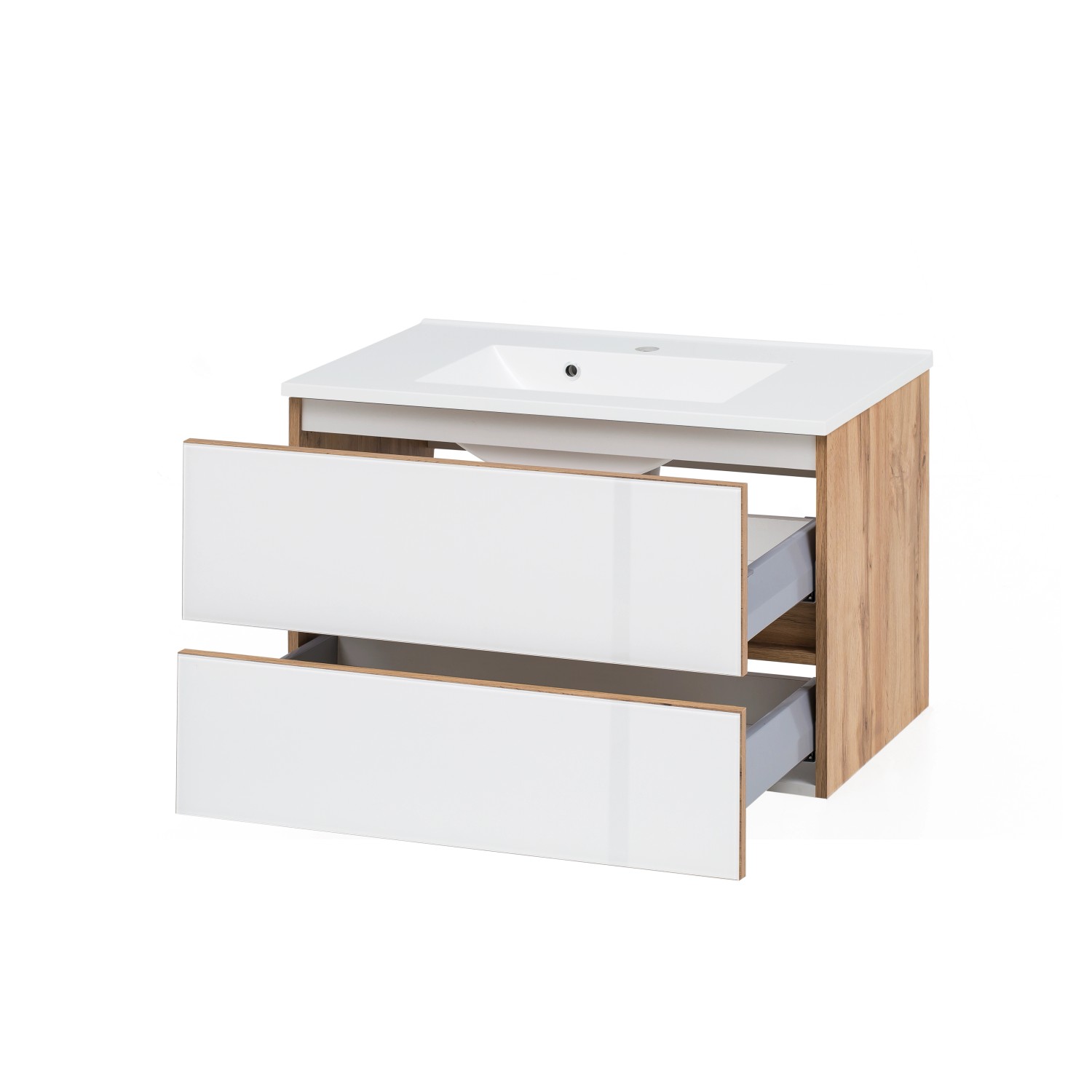 Held Möbel Waschtisch Pisa, 80 cm, Weiß-Wotaneiche, mit zwei Auszügen und Mineralgussbecken.