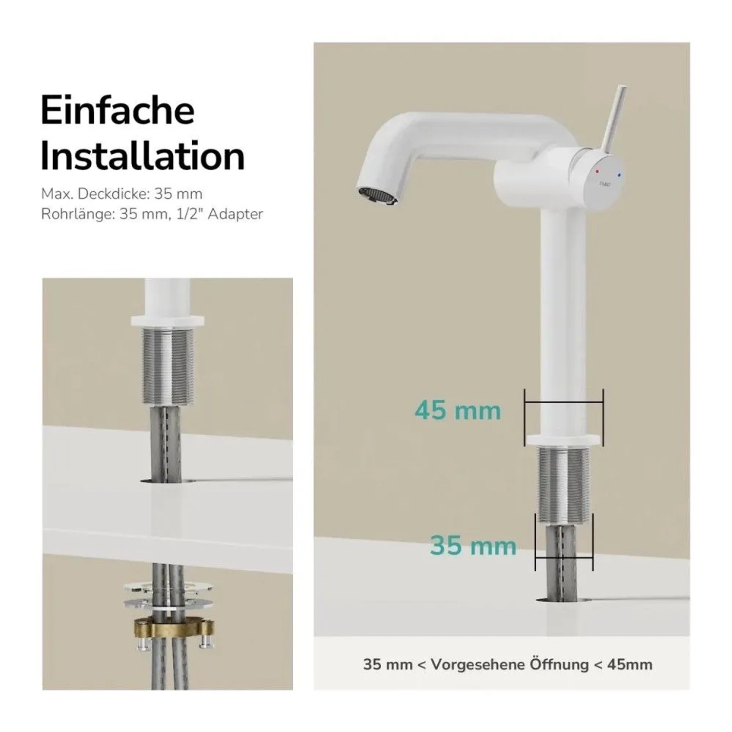Weiße Emke Waschtischarmatur, matt, zeigt die einfache Installation mit Gewindemaßen und erforderlicher Lochgröße für die Montage.
