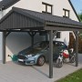 Skan Holz Carport Fichtelberg, schiefergrau, mit Auto und Motorrad unter dem Dach.