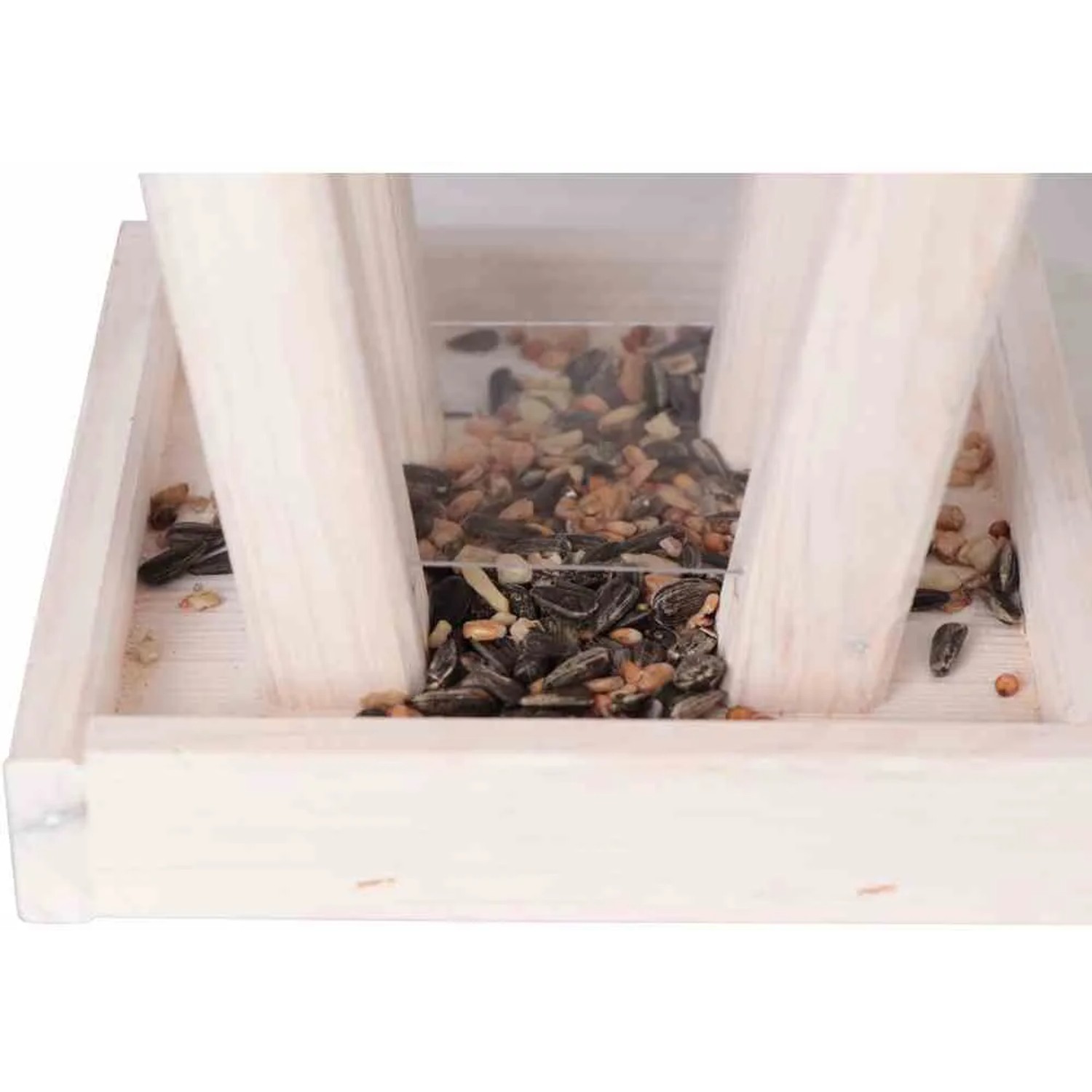 Siena Garden Vogelfutterspender aus Kiefernholz, creme/kupferfarben, gefüllt mit Vogelfutter.