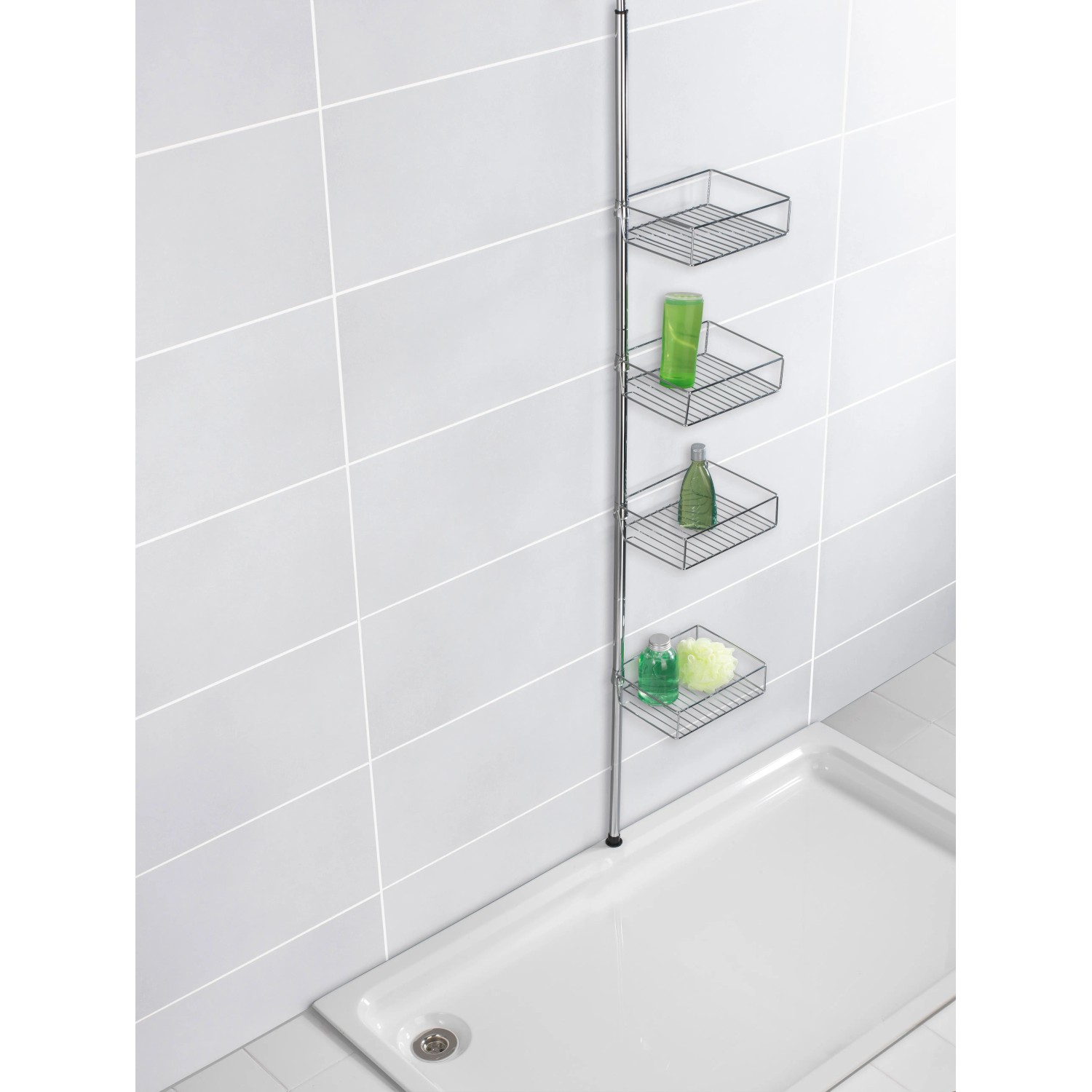 Wenko Teleskopregal Domaso aus Edelstahl mit 4 Ablagekörben in Dusche.