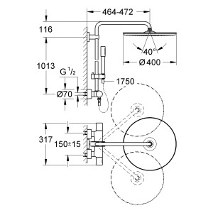 Technische Zeichnung Grohe Rainshower 400 Duschsystem mit Maßen und Details.