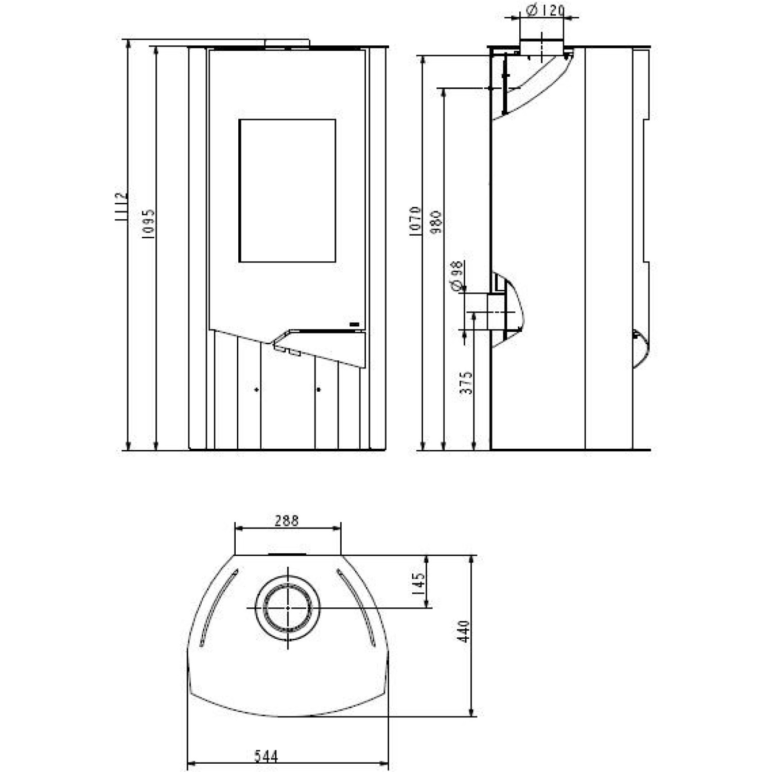 Technische Zeichnung Wamsler Nevada Kaminofen Speckstein Schwarz 5 kW mit Maßen.