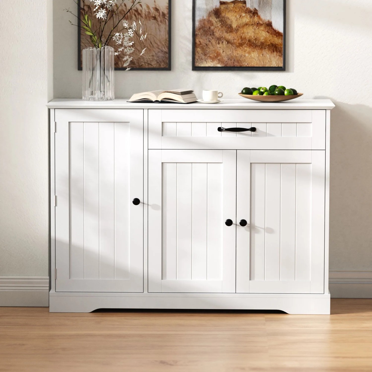 okwish Sideboard mit 3 Türen Schublade Wohnzimmer Diele 107x83x40cm Weiß_2