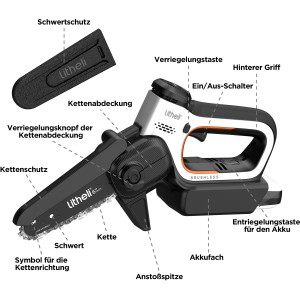Litheli Akku-Kettensäge: Kompakte Einhandsäge mit Akku und Schwertschutz. Ideal zum Beschneiden und Trimmen im Garten.