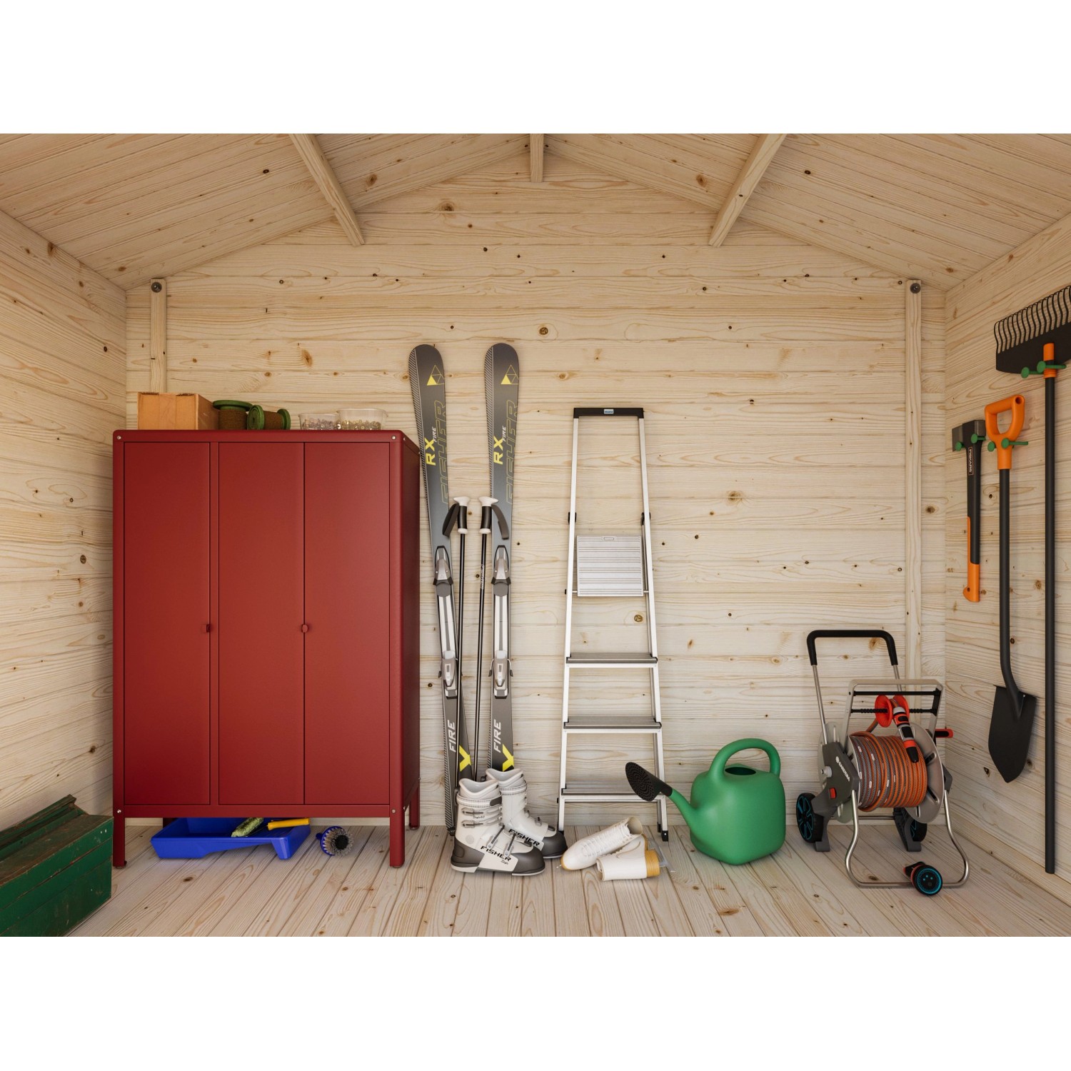 Innenansicht Palmako Gartenhaus Vivian, hellgrau-anthrazit, mit Werkzeug und Gartengeräten.