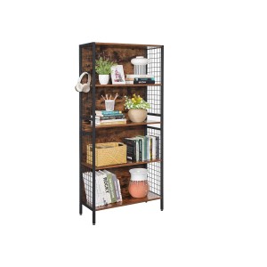 Vasagle Standregal mit 4 Ablagen, braun-schwarz, mit Stahlrahmen und Gitterdesign. Ideal für Wohnzimmer oder Büro.