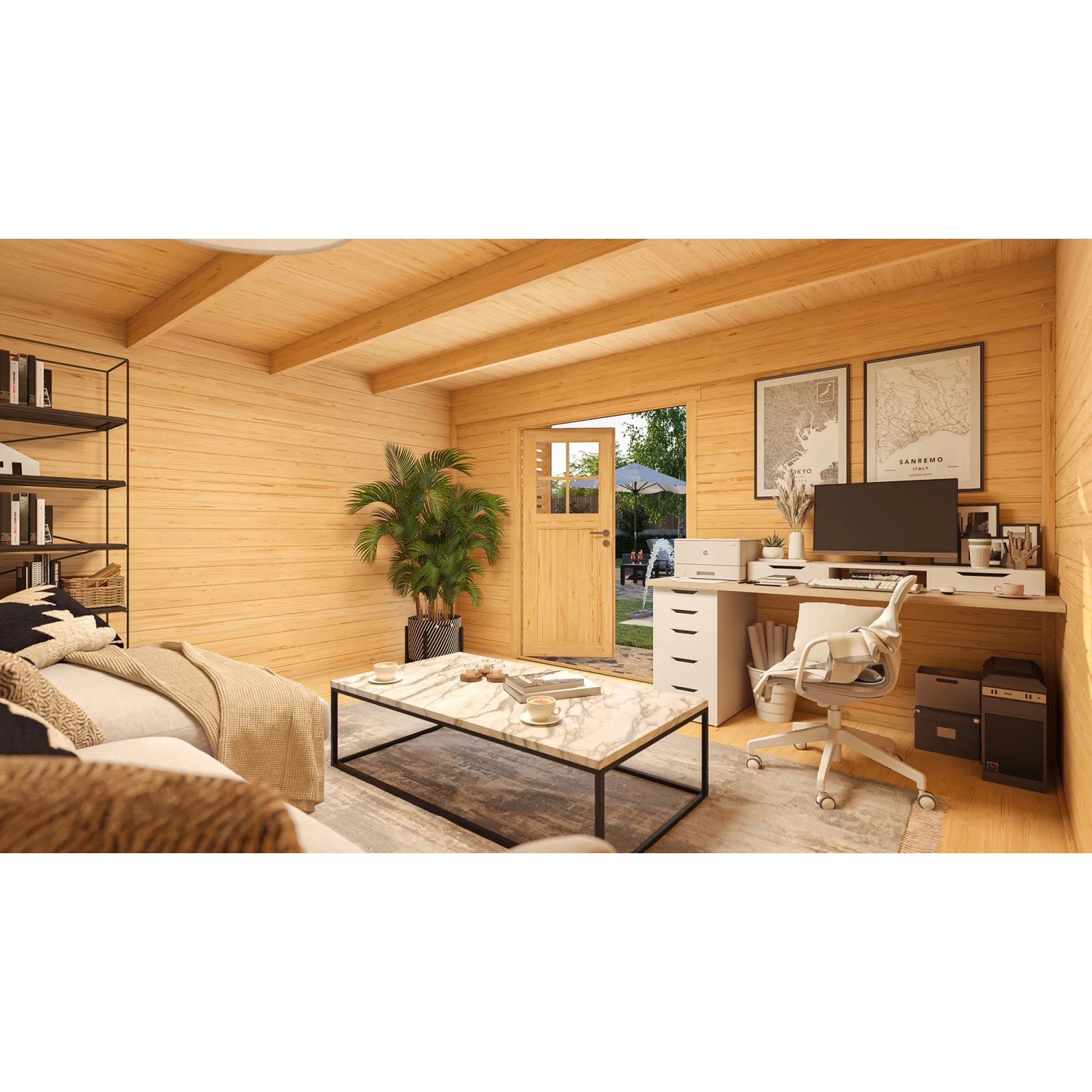 Innenansicht Weka Gartenhaus Amberley mit Doppeltür, eingerichtet als Wohn- und Arbeitsbereich.